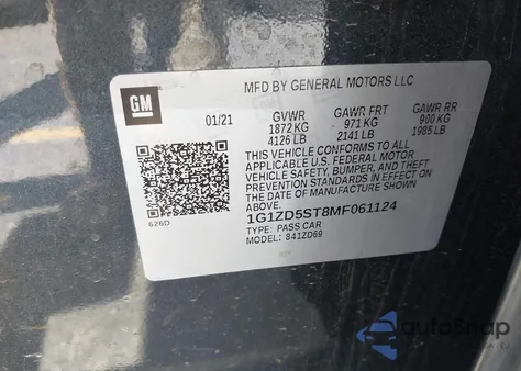 2021 Chevrolet Malibu Fwd Lt z USA, uszkodzony, nr VIN 1G1ZD5ST8MF061124